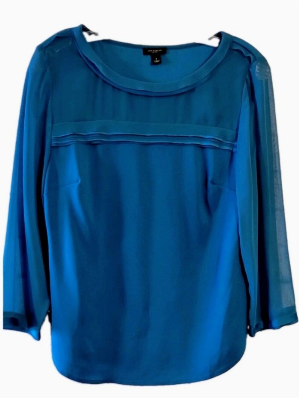 Ann Taylor Blouse Blue Sheer Overlay Satin Trim Size 4 Top Business Careerwear